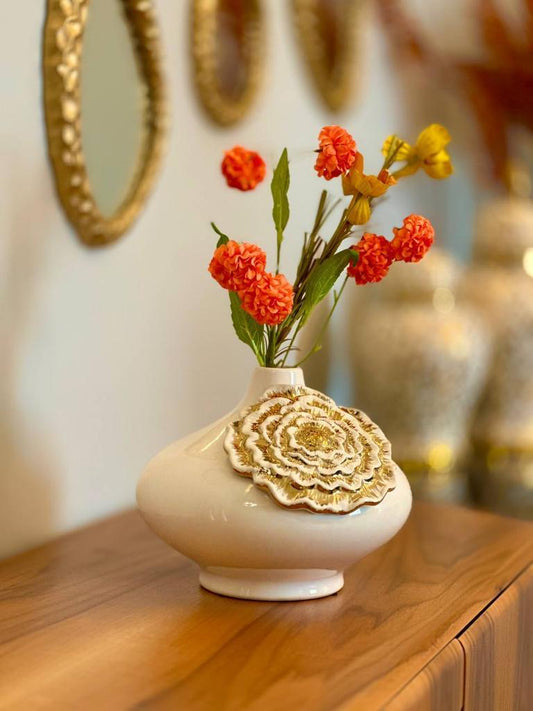White Ceramic Vase with Gold Flower Design